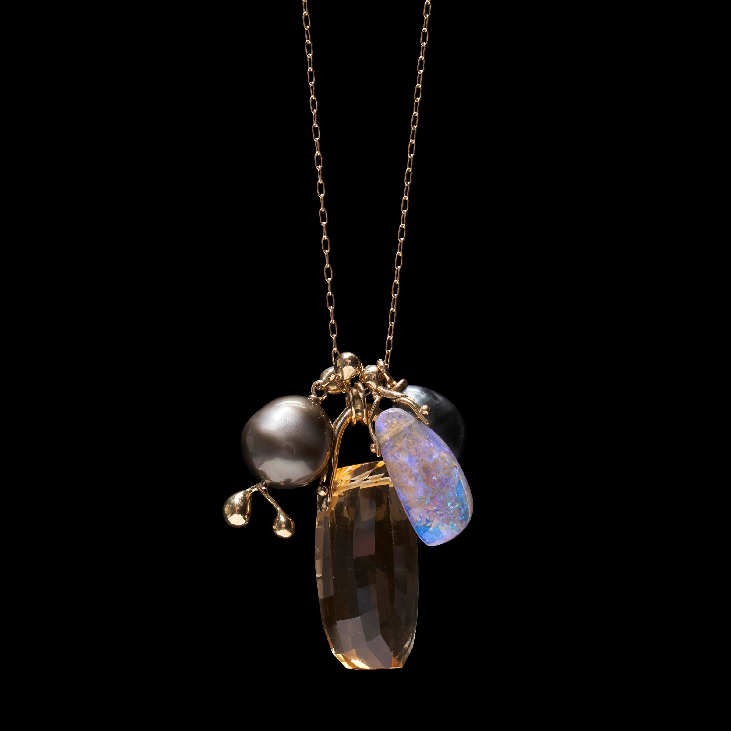 18K One Of A Kind Tahitian, Citrine, and Black Opal Charm Necklace