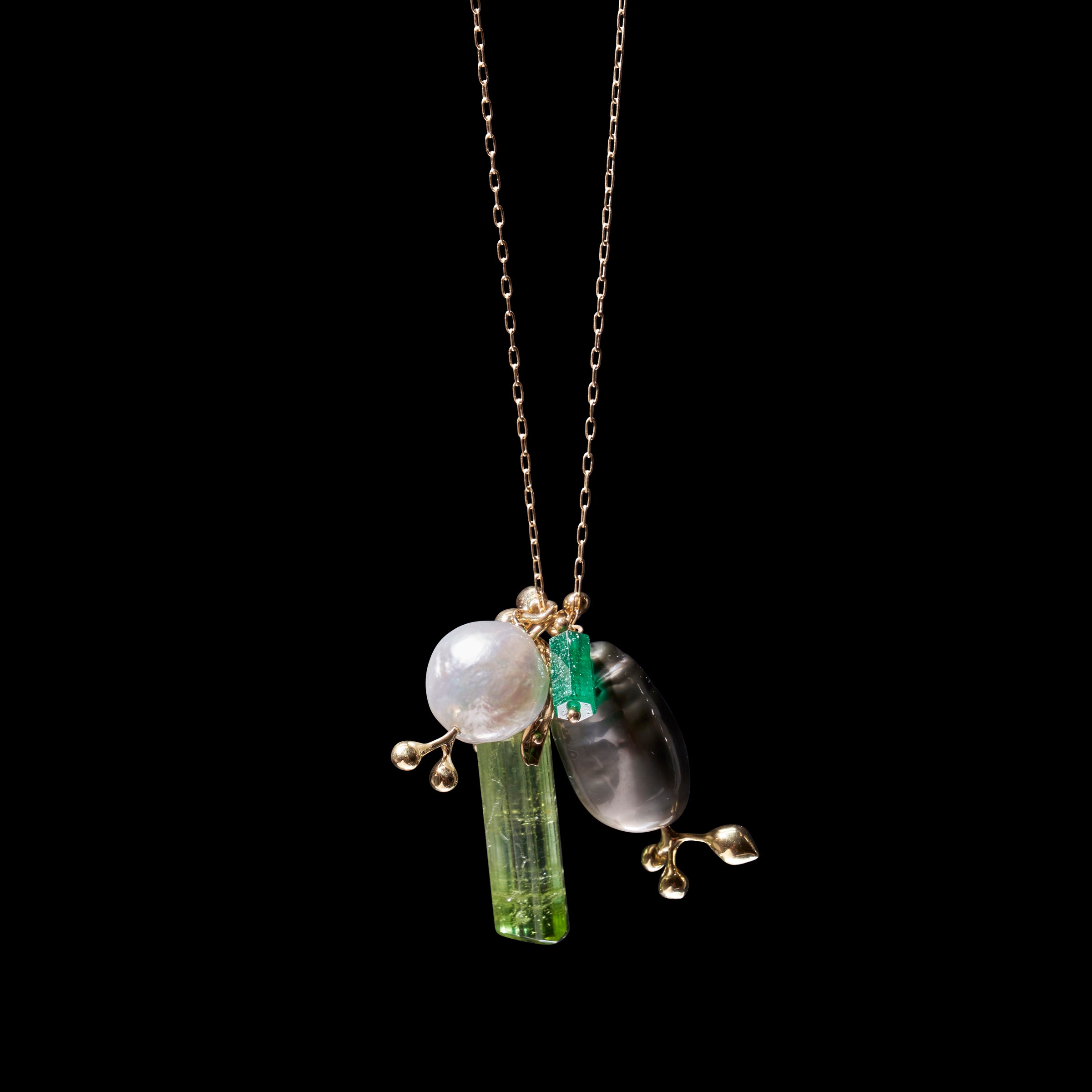 18K One Of A Kind Tahitian, South Sea, Emerald, and Tourmaline Charm Necklace
